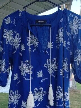 Karen Kane  Blue Dress with Floral Embroidery and Tassels